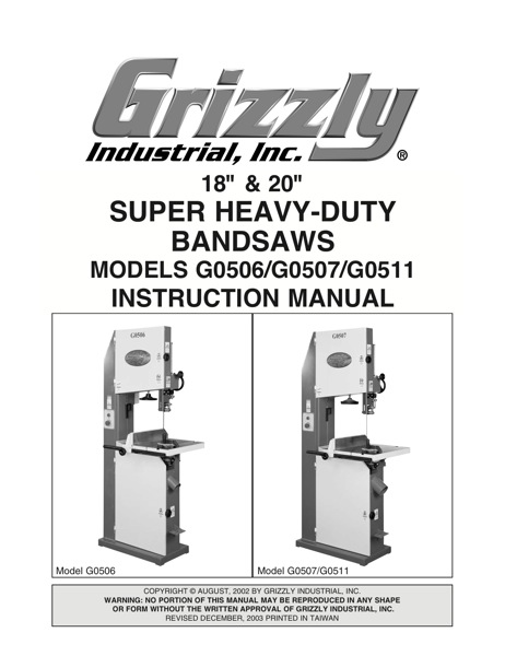 Band Saw Manual Grizzly G0511