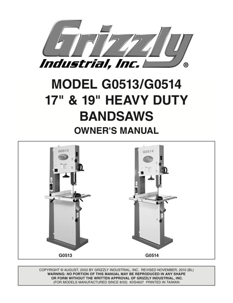 Band Saw Manual Grizzly G0513