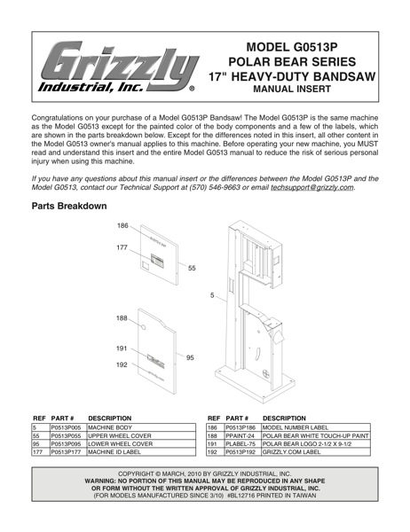 Band Saw Manual Grizzly G0513p