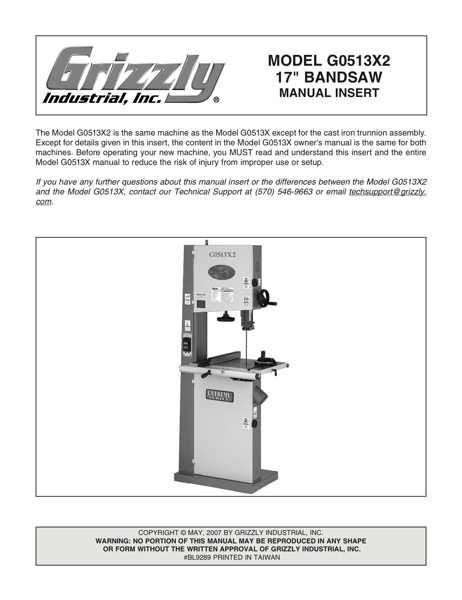 Band Saw Manual Grizzly G0513 X2M