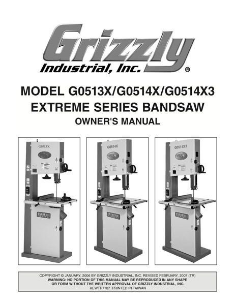 Band Saw Manual Grizzly G0513 XM