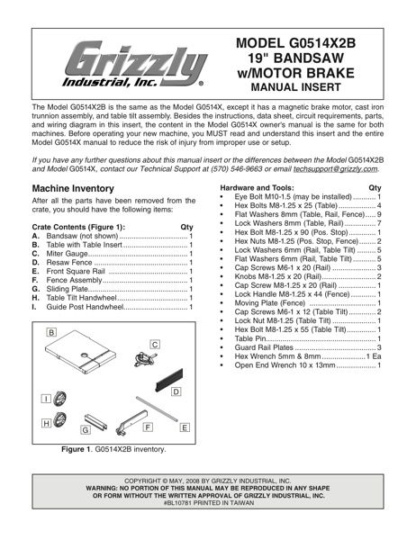 Band Saw Manual Grizzly G0514x2b