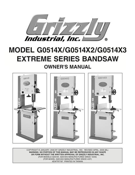 Band Saw Manual Grizzly G0514 XM
