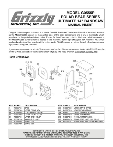 Band Saw Manual Grizzly G0555p