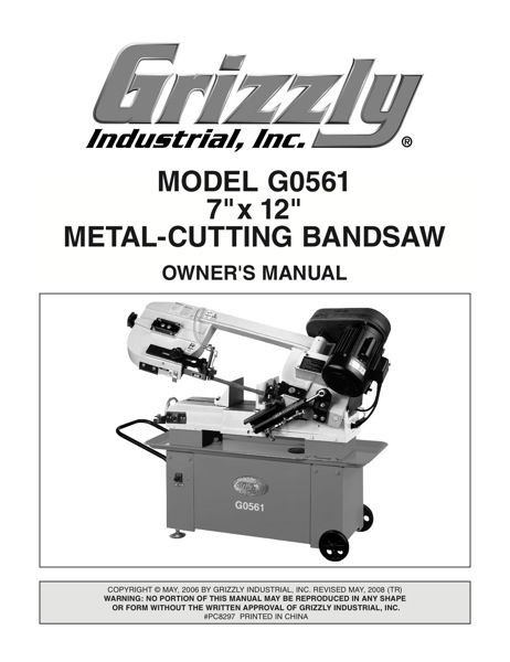 Band Saw Manual Grizzly G0561 M