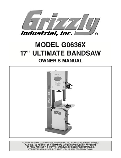 Band Saw Manual Grizzly G0636x