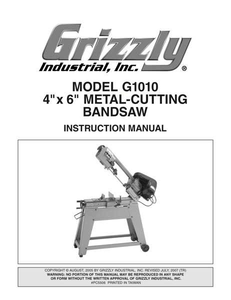 Band Saw Manual Grizzly G1010 M