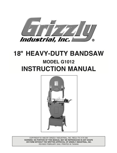 Band Saw Manual Grizzly G1012