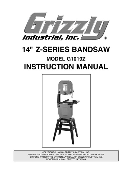 Band Saw Manual Grizzly G1019z