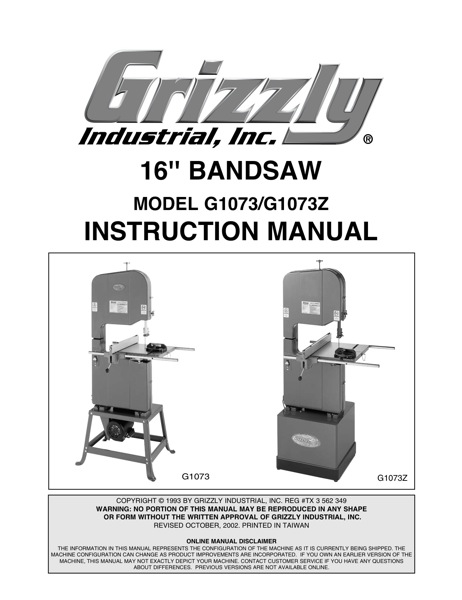 Band Saw Manual Grizzly G1073