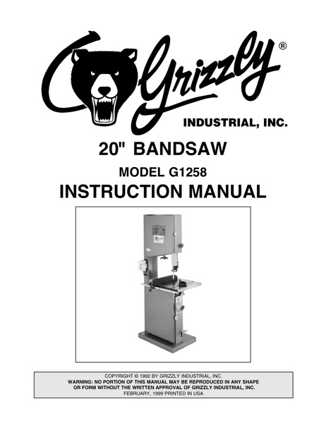 Band Saw Manual Grizzly G1258
