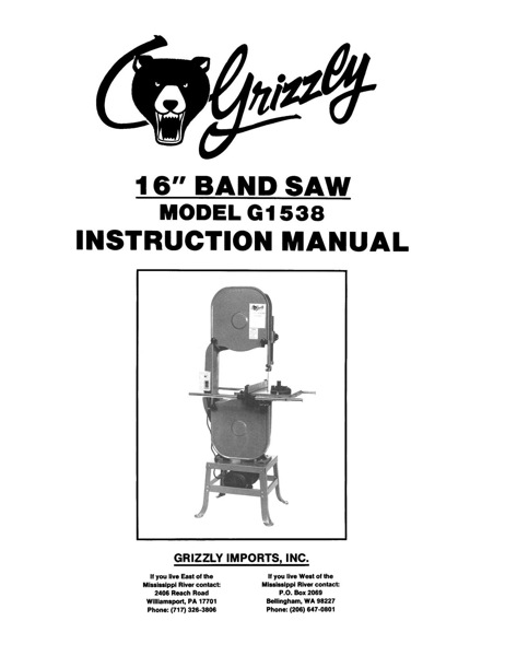 Band Saw Manual Grizzly G1538