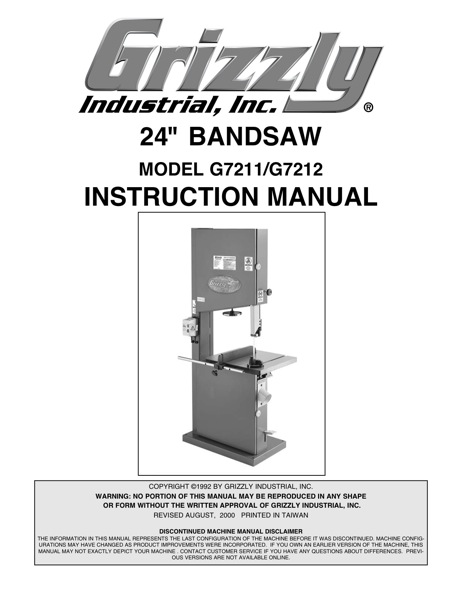 Band Saw Manual Grizzly G7211