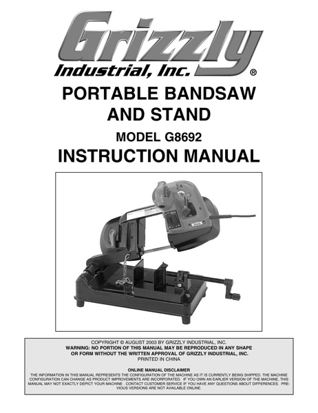 Band Saw Manual Grizzly G8692
