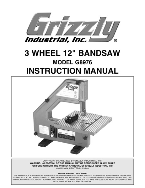 Band Saw Manual Grizzly G8976