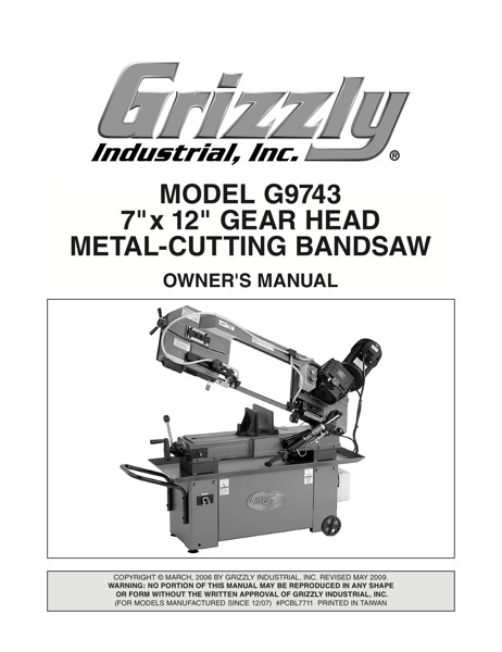 Band Saw Manual Grizzly G9743 M