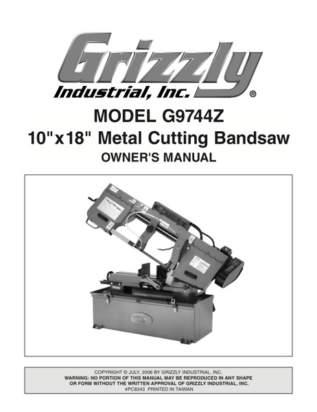 Band Saw Manual Grizzly G9744 ZM
