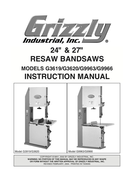 Band Saw Manual Grizzly G9963