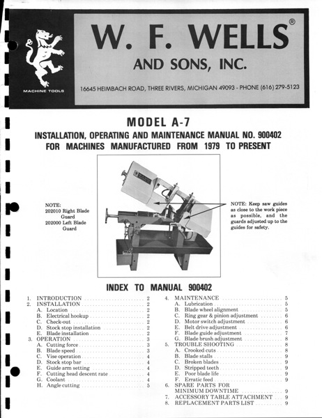 Band Saw Manual W.F. Wells A7