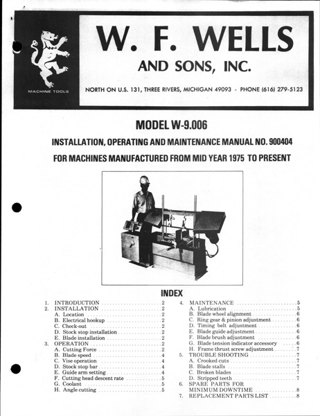 Band Saw Manual W.F. Wells W9