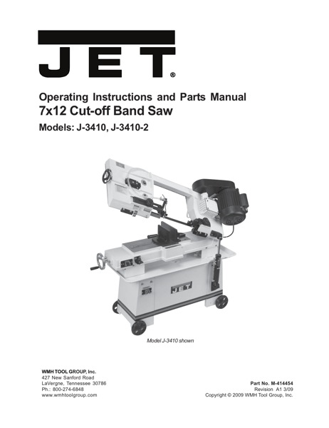 Band Saw Manual Jet J-3410-2 7×12 HORIZONTAL BANDSAW 220V