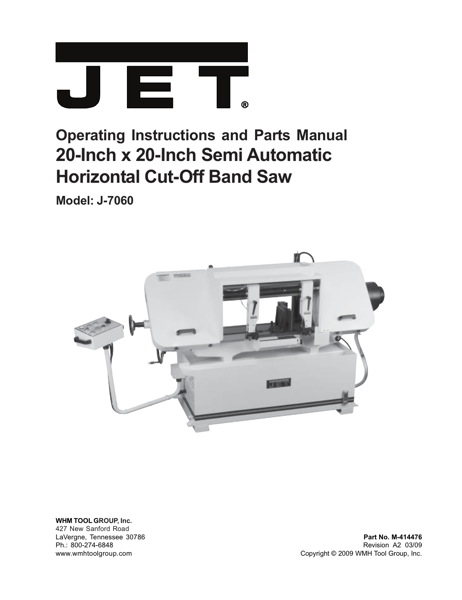 Band Saw Manual Jet J-7060 12 inch x 20 inch SEMI AUTO HORIZONTAL