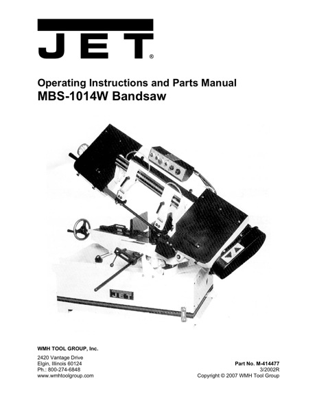 Band Saw Manual Jet MBS-1014W-1 SWIVL HD BANDSAW
