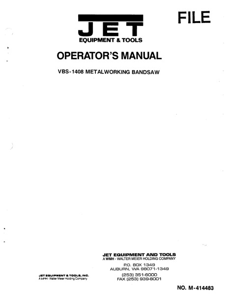 Band Saw Manual Jet VBS-1408 VERTICAL BANDSAW