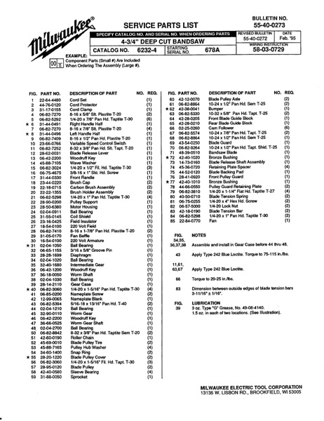 Band Saw Manual Milwaukee 6232-4 (Serial 678A)