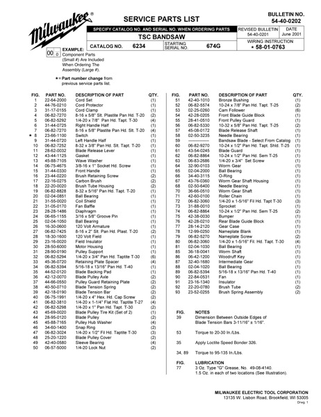 Band Saw Manual Milwaukee 6234 (Serial 674G)