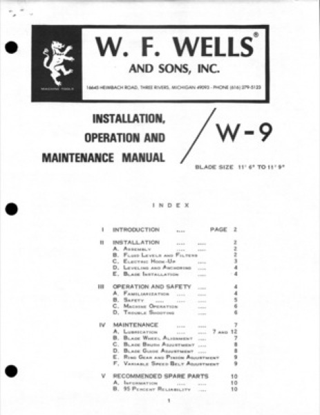 Band Saw Manual Installation W.F. Wells. W-9