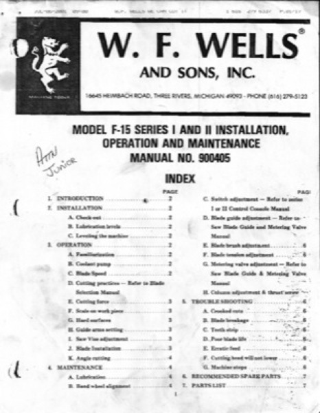 Band Saw Manual Installation W.F. Wells. F-15 Series II