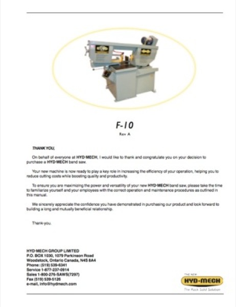 Band Saw Manual Hyd Mech F10-rev a-8-00 to 7-01