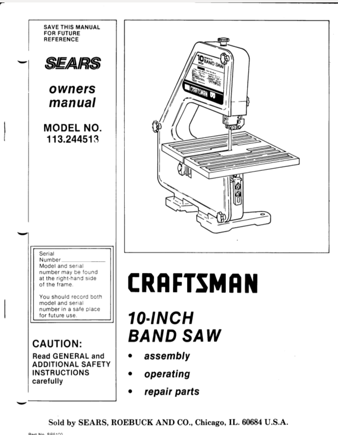 Sears Craftsman 10 Model 113.244513 - Bandsawmanuals